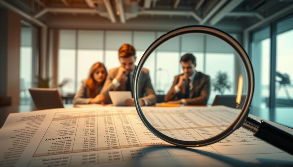 A meticulously detailed rendering of the concept of "hidden costs analysis" (analiza kosztów ukrytych). The foreground depicts a magnifying glass hovering over a spreadsheet, highlighting intricate financial calculations. In the middle ground, a team of businesspeople scrutinize cost data, their expressions conveying deep contemplation. The background features a warm, corporate office setting with muted tones, suggesting a thoughtful, analytical atmosphere. Dramatic cinematic lighting casts subtle shadows, adding depth and emphasizing the gravity of the subject matter. The overall composition evokes a sense of diligent financial optimization, crucial for the success of any modern enterprise.