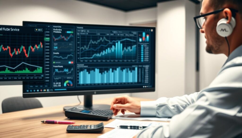 A modern office scene with a businessman closely monitoring financial flows on a large, high-resolution computer monitor. The foreground shows the monitor displaying detailed charts, graphs, and data visualizations, with the businessman's hands interacting with the interface. The middle ground depicts the businessman's desk, with an organized arrangement of documents, pens, and a calculator. The background features a minimalist office interior with clean lines, neutral colors, and subtle lighting, creating a professional and focused atmosphere.