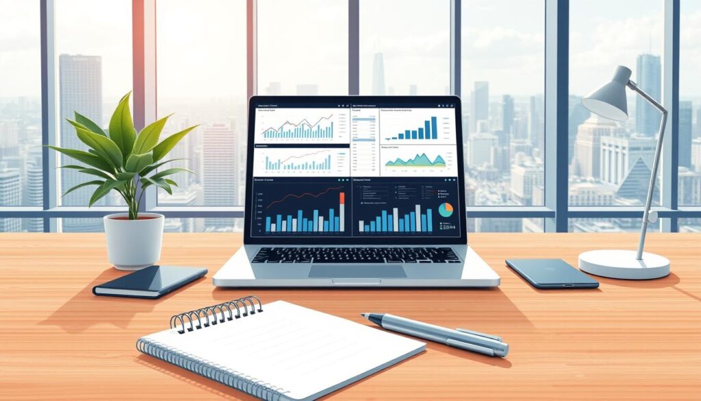 A meticulously detailed business analysis illustration, showcasing an executive's desk in a modern, well-lit office setting. On the desk, a laptop displays a complex dashboard of charts and graphs, providing deep insights into market trends and financial data. In the foreground, a hand-written notepad and a sleek pen symbolize the analytical process. The middle ground features minimalist office decor, including a potted plant and a stylish desk lamp. The background depicts floor-to-ceiling windows, offering a panoramic view of a bustling cityscape. The overall atmosphere conveys a sense of professionalism, productivity, and data-driven decision-making.
