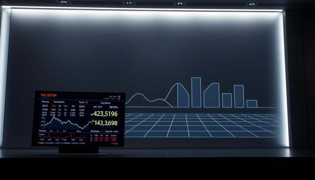 A modern, minimalist stock exchange display showcasing key investment information. In the foreground, a large digital screen displays real-time stock quotes, indices, and financial data against a sleek, gray backdrop. The middle ground features a stylized representation of a trading floor, with abstract geometric shapes and clean lines hinting at the complex financial instruments and algorithms at play. The background is dimly lit, with a soft glow emanating from the edges of the frame, creating a sense of depth and mystery around the inner workings of the market. The overall atmosphere is one of sophistication, precision, and the continuous flow of vital information for informed investors.