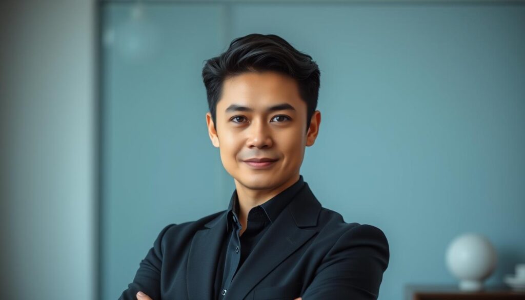 A professional headshot of a person standing confidently in the center of the frame, with a serious yet approachable expression. The subject is dressed in a well-tailored business attire, against a blurred, minimalist background that suggests an office or studio setting. The lighting is soft and directional, creating subtle shadows and highlights that accentuate the subject's features. The overall mood is one of authority, competence, and personal brand alignment.