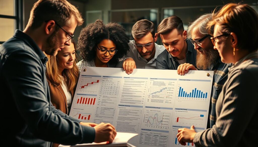 A team of diverse professionals collaborating intently around a project management board, with detailed plans, schedules, and metrics displayed. The team members exhibit a range of expressions, from concentration to enthusiasm, as they navigate the complexities of the project. The lighting is warm and focused, casting subtle shadows that convey the weight of responsibility. The composition emphasizes the dynamic interplay between individual contributions and collective problem-solving, hinting at the challenges and rewards of effective project management.