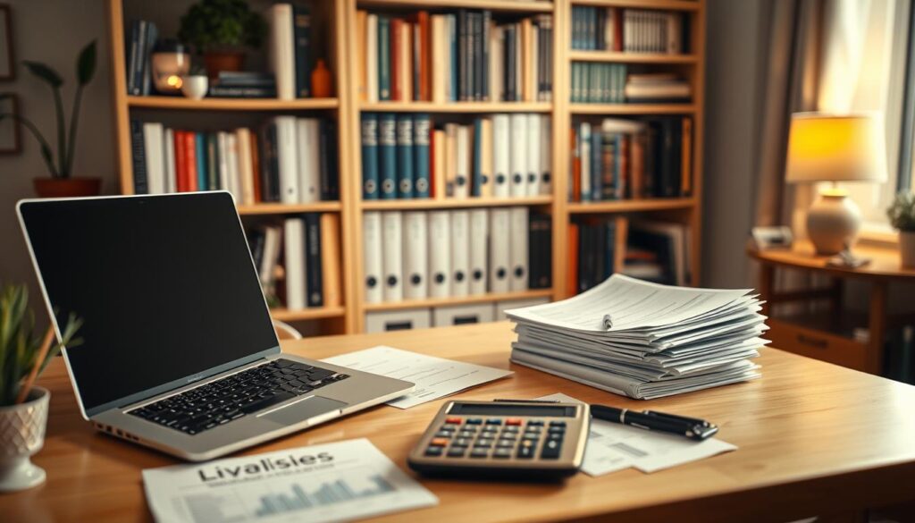 A cozy home office with a well-organized desk showcasing a laptop, calculator, and neatly stacked financial documents. Soft, warm lighting illuminates the scene, casting a serene ambiance. In the background, a bookshelf filled with accounting and business management resources stands as a symbol of expertise. The overall composition conveys a sense of control, efficiency, and a methodical approach to financial planning for a small business.