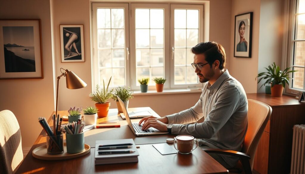 A cozy home office setting, with a focused entrepreneur sitting at a wooden desk, working intently on a laptop. The room is bathed in warm, natural lighting filtering through large windows, casting a soft glow on the scene. On the desk, a few potted plants and a neatly organized collection of stationery supplies create a sense of productivity and mindfulness. The walls are adorned with minimalist artwork, hinting at the individual's refined aesthetic. The overall atmosphere conveys a sense of professionalism, dedication, and the rewarding nature of running a solo business venture.