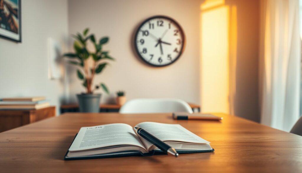 A serene home office with a minimalist wood desk, a potted plant, and a wall-mounted clock prominently displaying the time. The lighting is warm and natural, casting a soft glow across the scene. In the foreground, a journal and a pen lie open, symbolizing the act of time management and planning. The background features a blurred window, hinting at the passage of time and the world beyond the workspace. An air of focus and organization pervades the scene, embodying the concept of "zarządzania czasem."