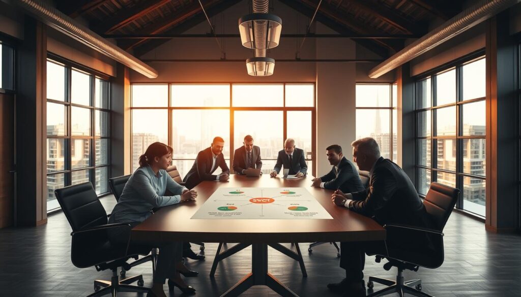 A strategic business planning scene with a central table surrounded by executives in a modern, high-ceiling conference room. Warm, natural lighting filters in through large windows, casting a contemplative atmosphere. On the table, a SWOT analysis diagram is displayed, signifying the strategic decision-making process. The executives are leaning in, engaged in a thoughtful discussion, their expressions reflecting focused deliberation. The room's minimalist, clean design elements complement the serious, analytical mood. Subtle textures and materials, such as wood, glass, and metal, add depth and sophistication to the scene.