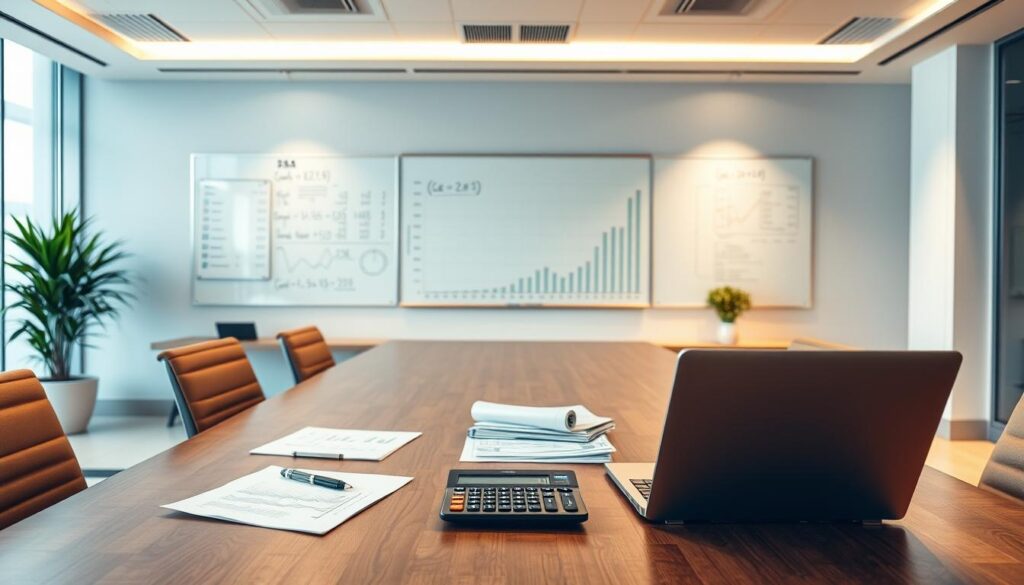 A well-lit corporate office space, with a large desk at the center showcasing a laptop, financial documents, and a calculator. In the background, a wall-mounted whiteboard displays financial equations and charts. The lighting is warm and inviting, creating a professional atmosphere. The camera angle is slightly elevated, providing a comprehensive view of the scene. The overall composition conveys a sense of analytical rigor and financial analysis, reflecting the process of business valuation. A well-lit corporate office space, with a large desk at the center showcasing a laptop, financial documents, and a calculator. In the background, a wall-mounted whiteboard displays financial equations and charts. The lighting is warm and inviting, creating a professional atmosphere. The camera angle is slightly elevated, providing a comprehensive view of the scene. The overall composition conveys a sense of analytical rigor and financial analysis, reflecting the process of business valuation.