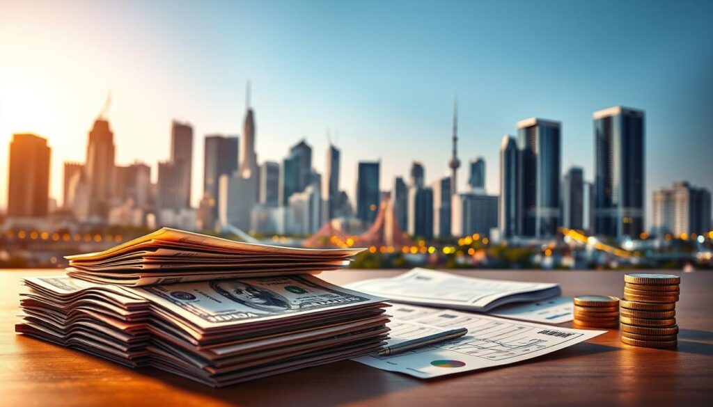 A well-lit, high-contrast financial scene depicting various sources of business funding. In the foreground, a stack of currency notes and financial documents. In the middle ground, digital devices and financial charts projecting growth. In the background, a cityscape with skyscrapers symbolizing successful enterprises. Warm lighting creates a professional, prosperous atmosphere. Crisp focus, clean lines, and a dynamic camera angle convey the opportunities and advantages of securing diverse financing options to expand a thriving company.
