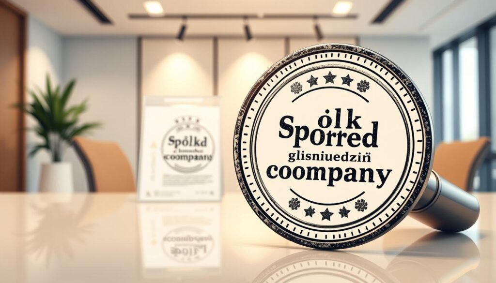 A detailed and visually striking illustration of a limited liability company (Spółka z ograniczoną odpowiedzialnością), reflecting the formality and significance of this business structure. The image should capture the essence of this legal entity, conveying a sense of professionalism, stability, and the necessary steps involved in its establishment. In the foreground, a meticulously rendered corporate seal or stamp, emblazoned with the Polish text "Spółka z ograniczoną odpowiedzialnością", should take center stage, conveying the official nature of this business form. The middle ground should feature a stylized, elegant representation of the corporate documents or certificates required for the company's formation, such as articles of incorporation or share certificates, presented in a clean, organized manner. The background should depict a modern, minimalist office setting, with clean lines, neutral tones, and subtle hints of Polish architectural elements or design cues, suggesting the institutional, yet