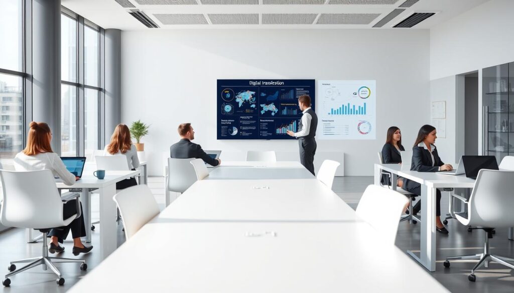 A modern, minimalist office interior with sleek, white desks and chairs. In the foreground, a group of business professionals engaged in a collaborative discussion, using laptops and digital devices. The middle ground features a large, interactive whiteboard displaying data visualizations and digital transformation concepts. The background showcases floor-to-ceiling windows, allowing natural light to flood the space and create a bright, airy atmosphere. Subtle hints of the company's branding are visible, conveying a sense of professionalism and innovation. The overall scene reflects the successful adoption of digital transformation within a small enterprise.