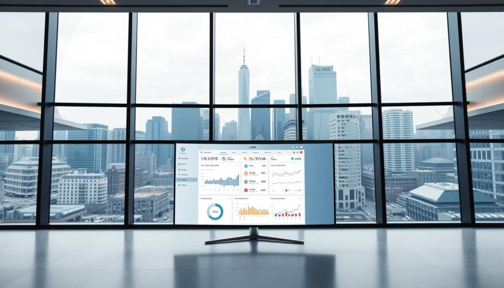 A sleek, modern office interior with a large panoramic window overlooking a bustling city skyline. In the center of the room, a sophisticated CRM software dashboard is displayed on a curved, high-resolution monitor. The user interface features clean, minimalist design with intuitive data visualizations and smooth, responsive interactions. Carefully selected icons, charts, and graphs convey key customer insights and analytics. Soft, indirect lighting creates a calm, focused atmosphere, while the city view in the background suggests a sense of dynamic, urban energy. The overall scene evokes a professional, efficient workspace dedicated to optimizing B2B customer relationship management.